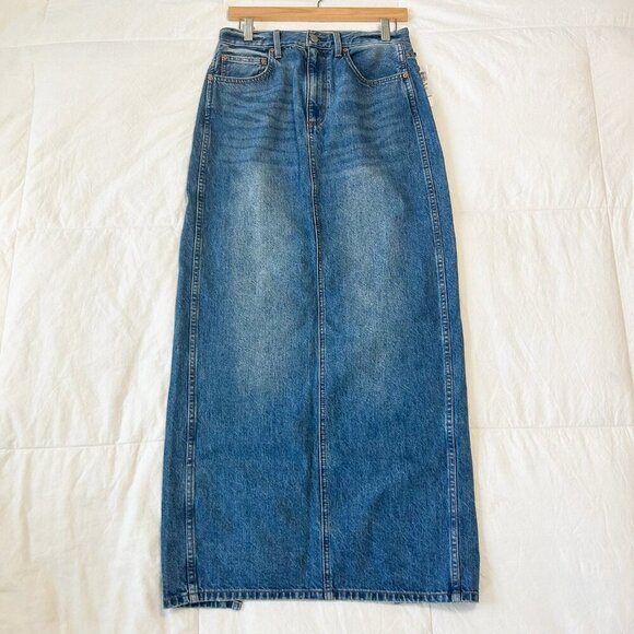 NWT Aritzia Denim Forum ’90s High Rise Pencil Maxi Jean Skirt Slit Blue Size 27 - Picture 4 of 10